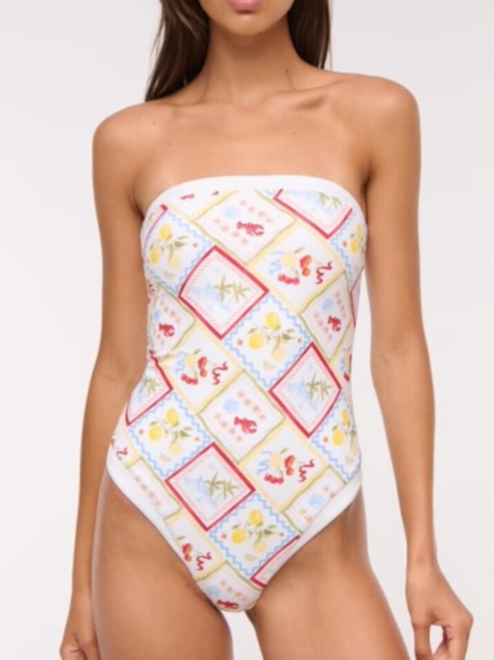 Abercrombie & Fitch White Strapless One-Piece with Multicolor Tile Print
